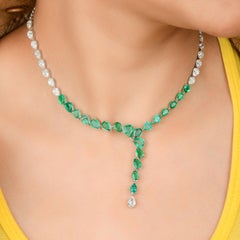 10.18Ct Pear Zambian Emerald Diamond Drop Y Necklace 18 Karat White Gold Jewelry
