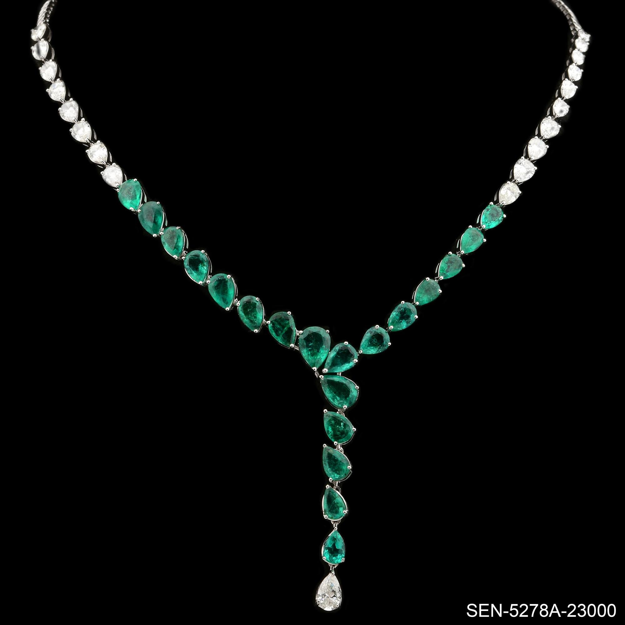 10.18Kt Pear Zambian Emerald Diamond Drop Y Halskette 18 Karat Weißgold Schmuck im Zustand „Neu“ im Angebot in Diera, Dubai