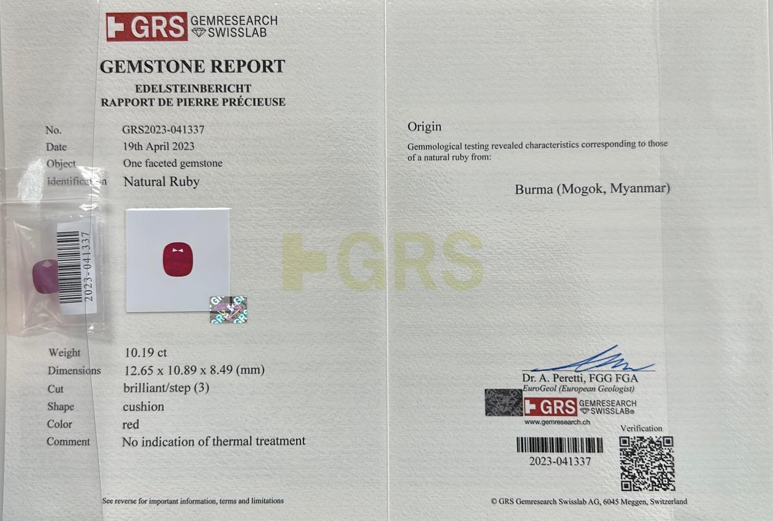 10,19 carati certificati GRS di rubino naturale non riscaldato della Birmania Collection'S (Mogok Myanmar) in vendita 1