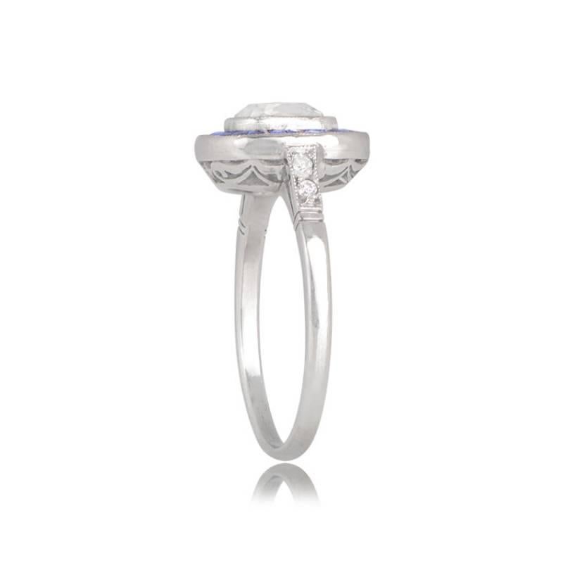 Art Deco 1.01ct Antique Cushion Cut Diamond Engagement Ring, Sapphire Halo, Platinum For Sale