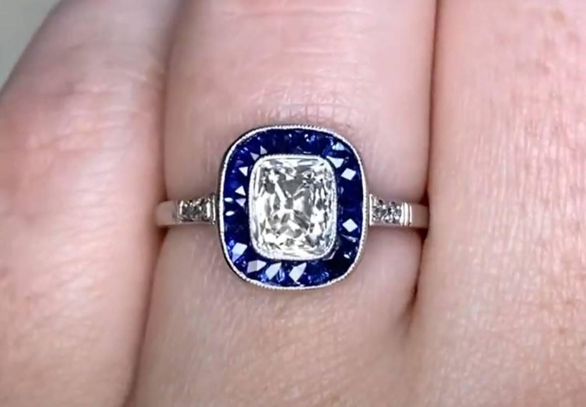Women's 1.01ct Antique Cushion Cut Diamond Engagement Ring, Sapphire Halo, Platinum For Sale