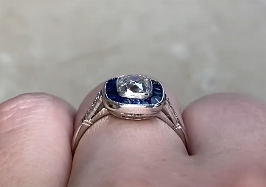 1.01ct Antique Cushion Cut Diamond Engagement Ring, Sapphire Halo, Platinum For Sale 1