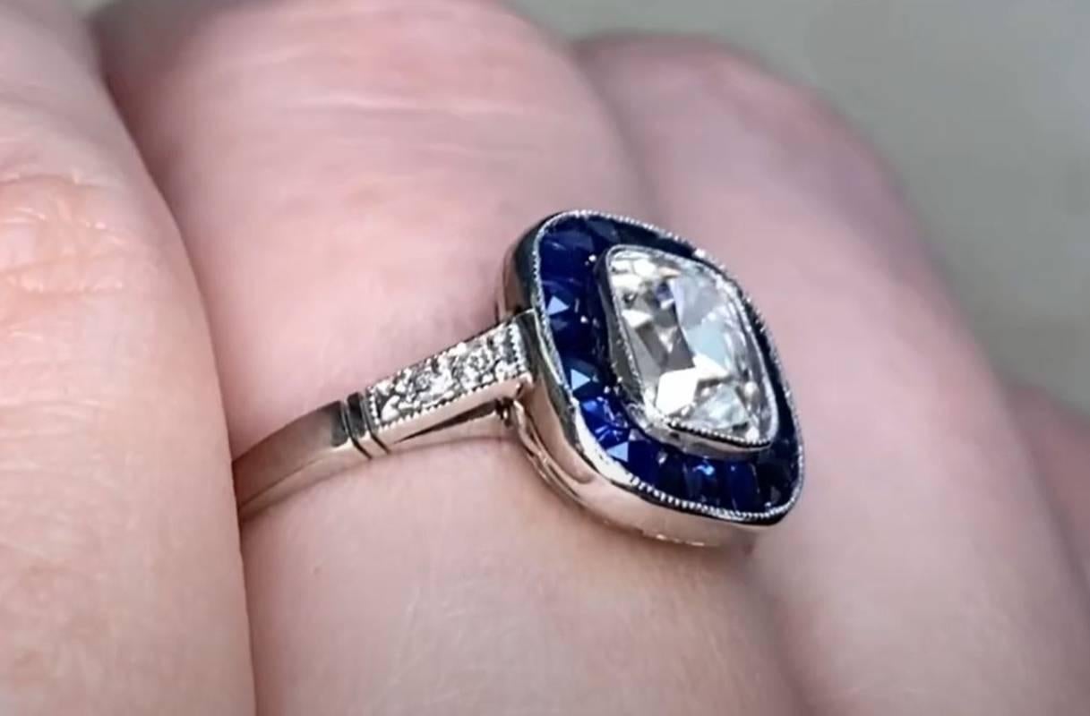 1.01ct Antique Cushion Cut Diamond Engagement Ring, Sapphire Halo, Platinum For Sale 2