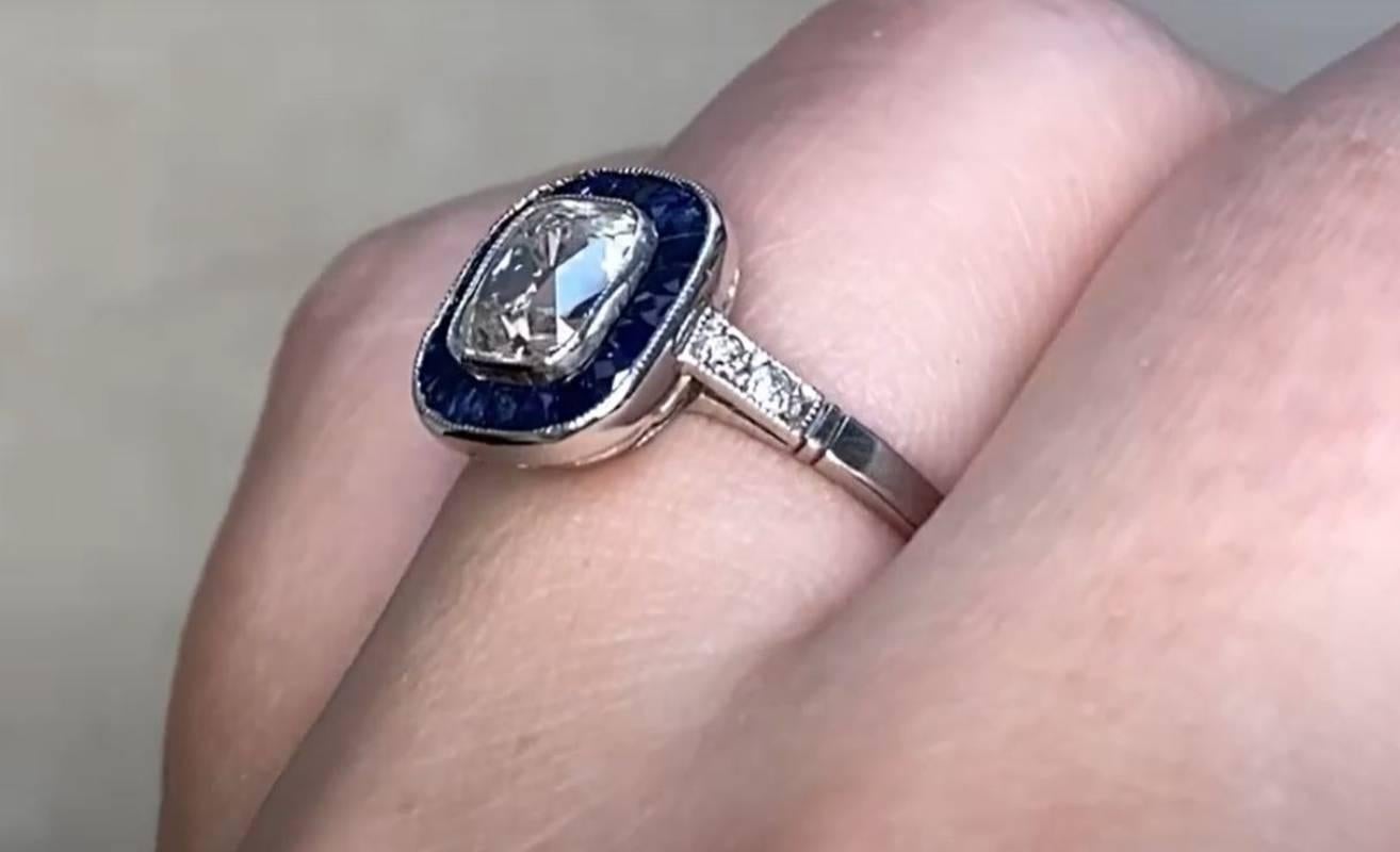 1.01ct Antique Cushion Cut Diamond Engagement Ring, Sapphire Halo, Platinum For Sale 3