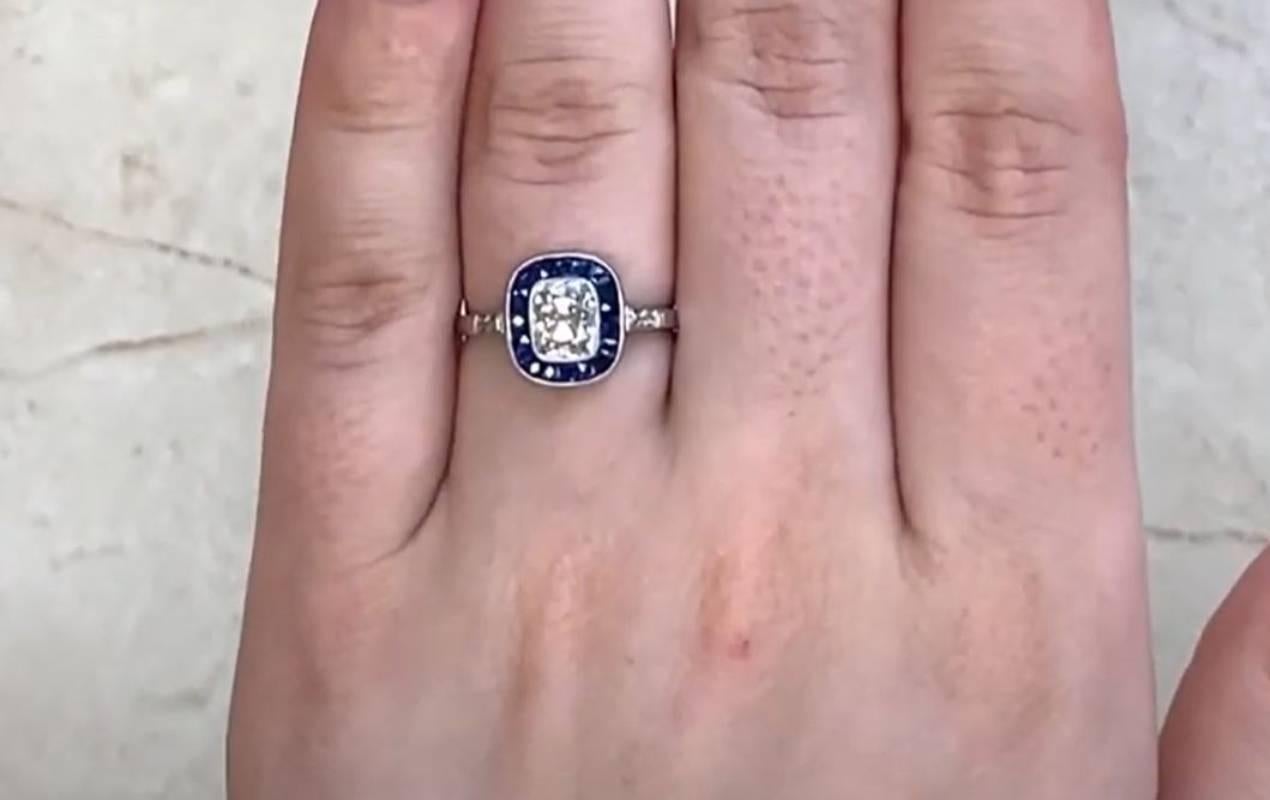 1.01ct Antique Cushion Cut Diamond Engagement Ring, Sapphire Halo, Platinum For Sale 4