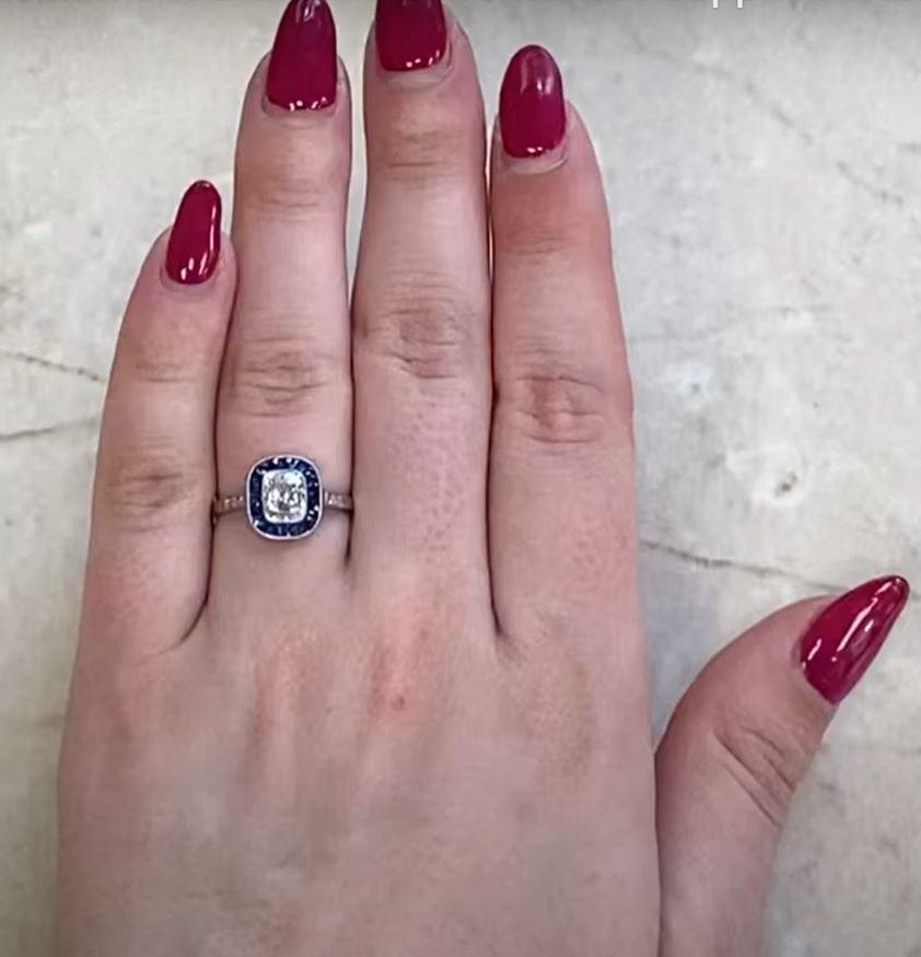 1.01ct Antique Cushion Cut Diamond Engagement Ring, Sapphire Halo, Platinum For Sale 5