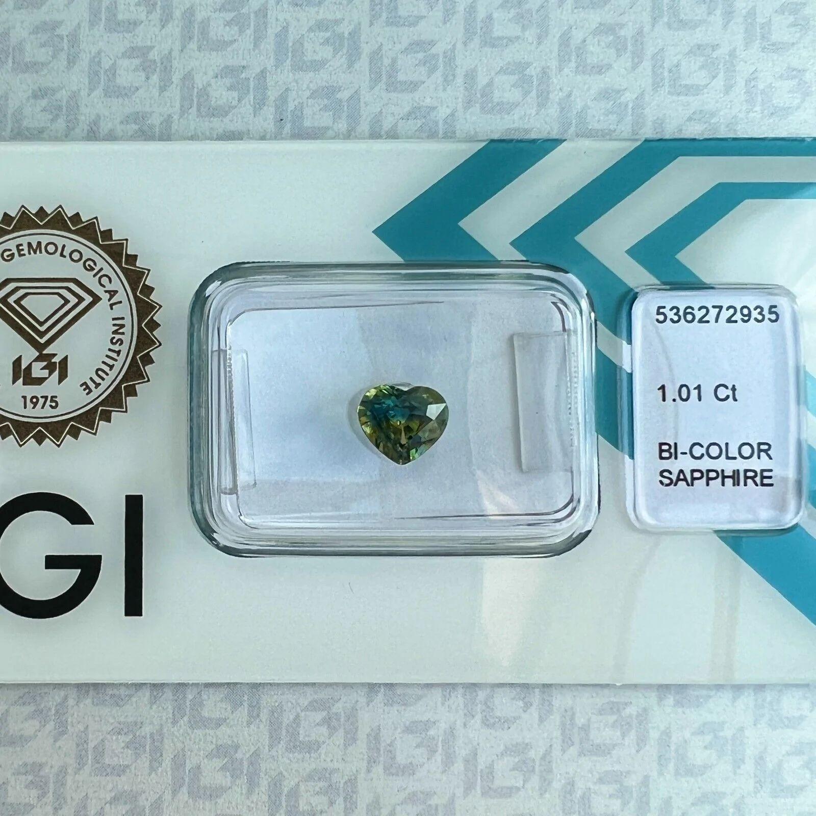 1.01ct Bi Color Blue Green Australian Sapphire No Heat Heart Cut IGI Certified For Sale 4