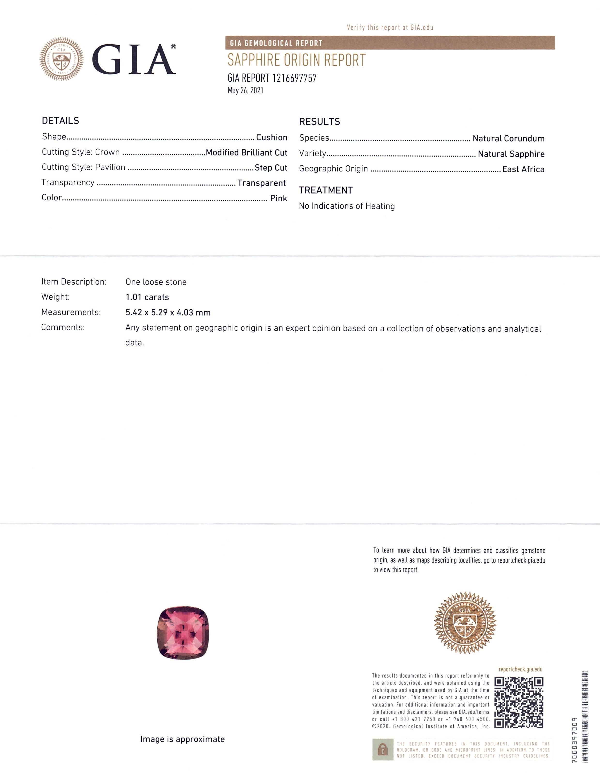 Women's or Men's 1.01 Carat Cushion Pink Sapphire GIA Certified East Africa Unheated For Sale