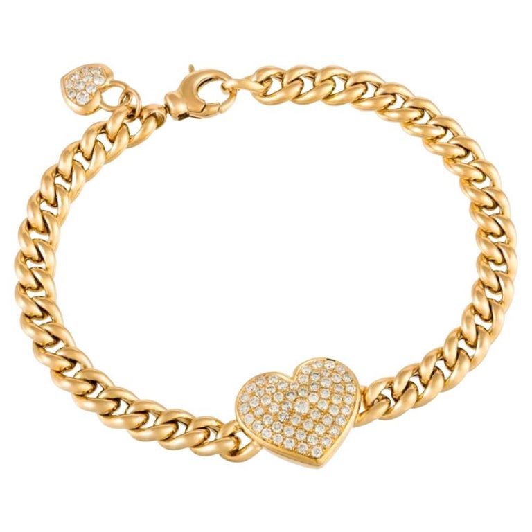 1.01ct Diamond 18K Yellow Gold Pave Heart Cuban Chain Bracelet For Sale