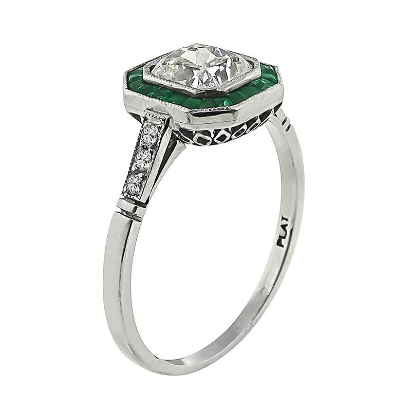 Art Deco 1.01 Carat Diamond Emerald Engagement Ring For Sale