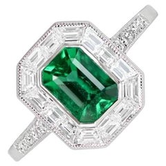 1.01ct Emerald Cut Natural Emerald Engagement Ring, Diamond Halo, Platinum