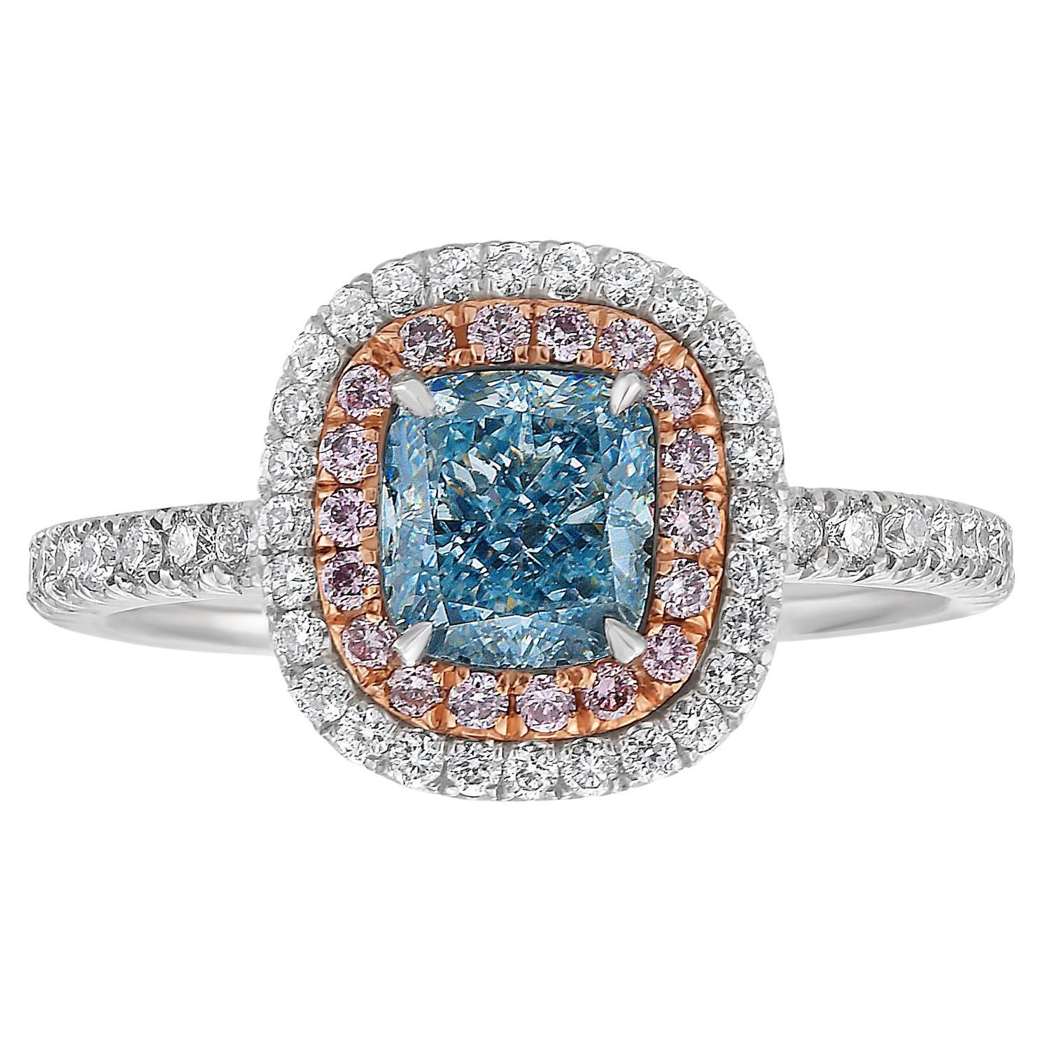1 Carat Cushion Fancy Light Blue Diamond Ring For Sale