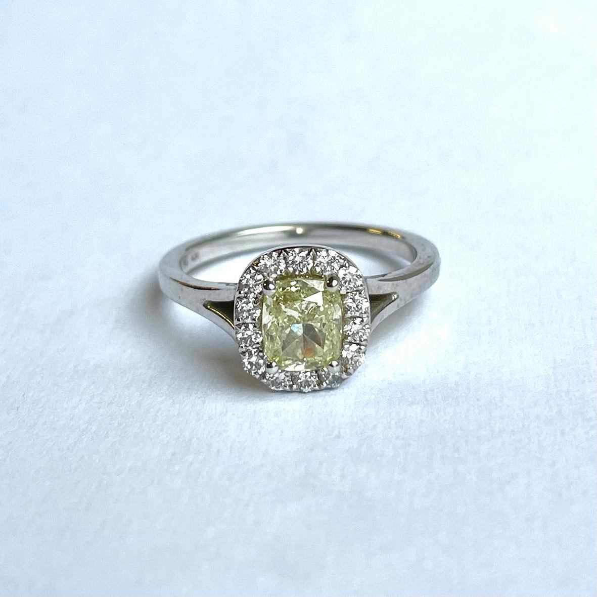 Cushion Cut 1.01ct Fancy Yellow Diamond White Gold Cluster Ring For Sale