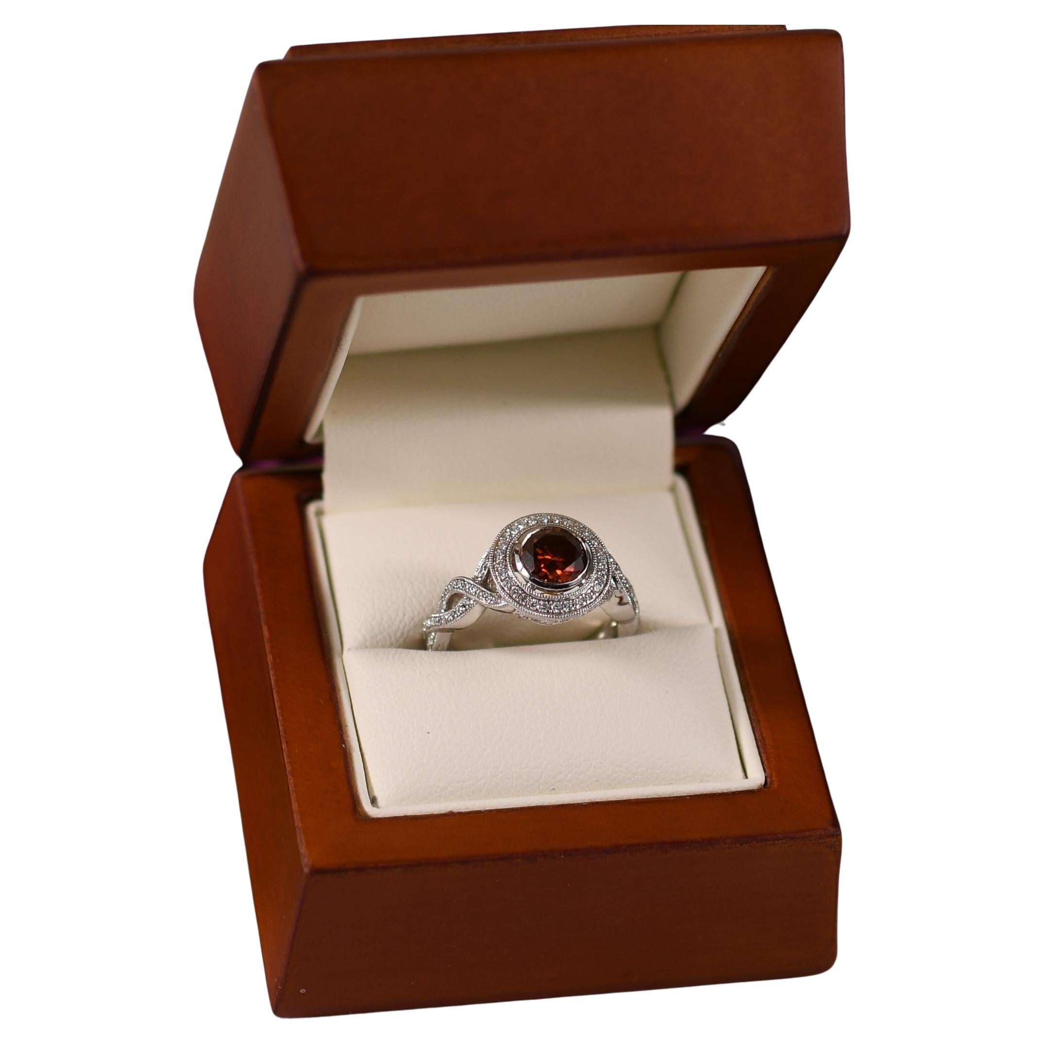 1.01ct GIA RED Diamond in 18k Bezel Set Split Shank Halo Ring For Sale