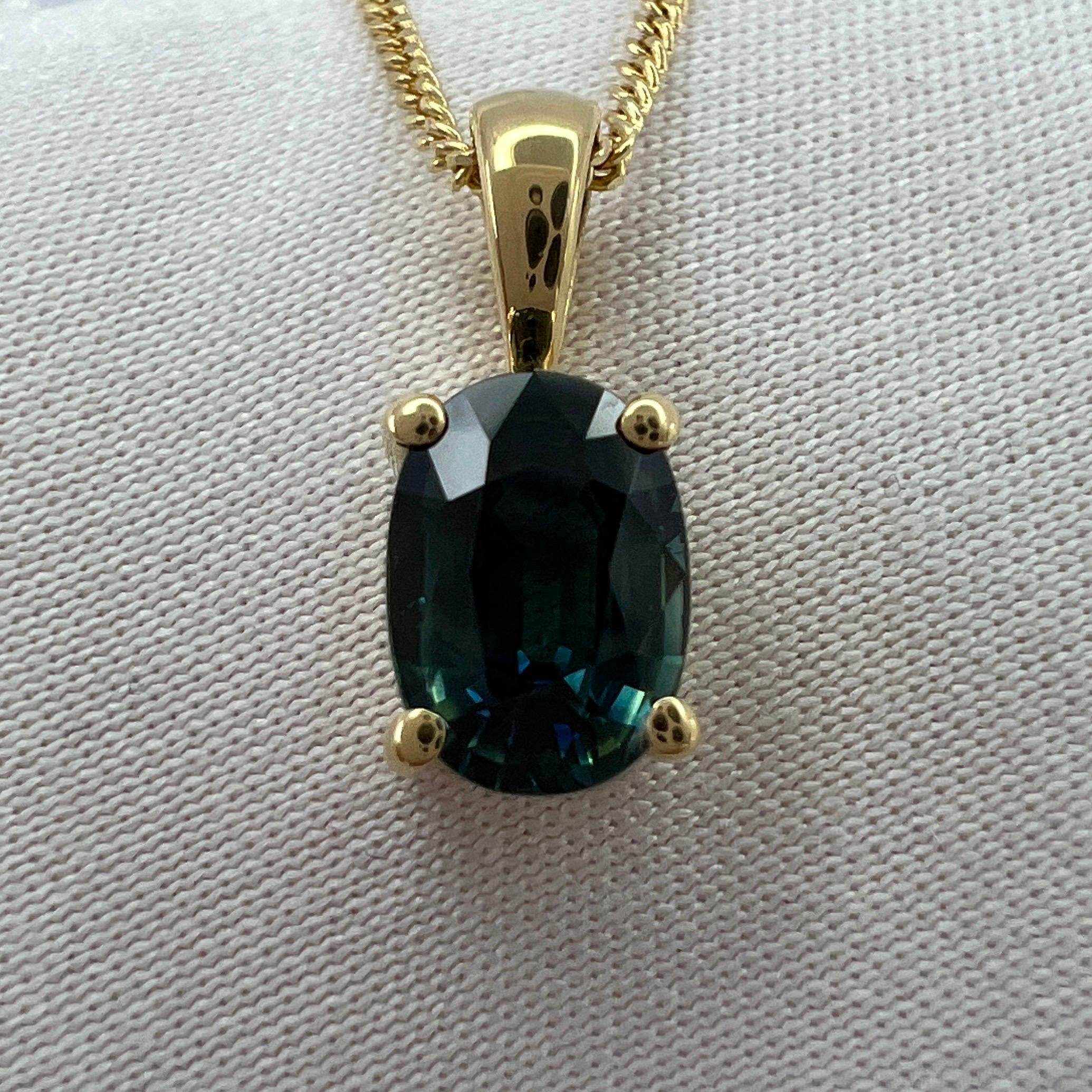 Deep Green Blue Untreated Australian Sapphire 18k Yellow Gold Solitaire Pendant.

1.01 Carat sapphire with a deep green blue teal colour and very good clarity. A clean stone. Also has an excellent oval cut. Measures 7x5mm.

Untreated and unheated