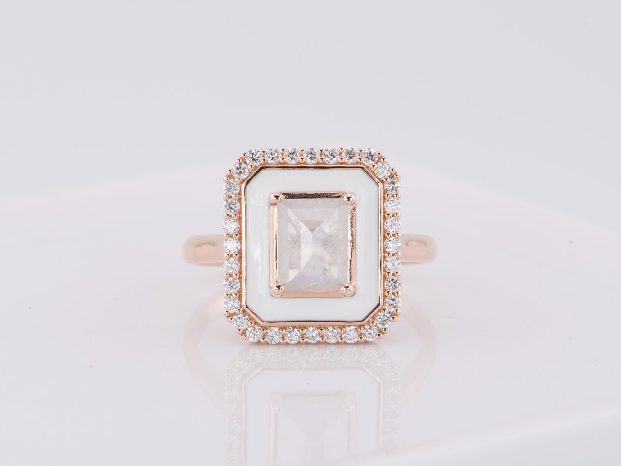 ♥ Solid 14K rose gold ring set with a translucent icy gray diamond in the center, flanked by a rose gold edge, white enamel, then an outer halo of natural brilliant diamonds
♥ Unique design! Perfectly complements the milky nature of the diamond
♥