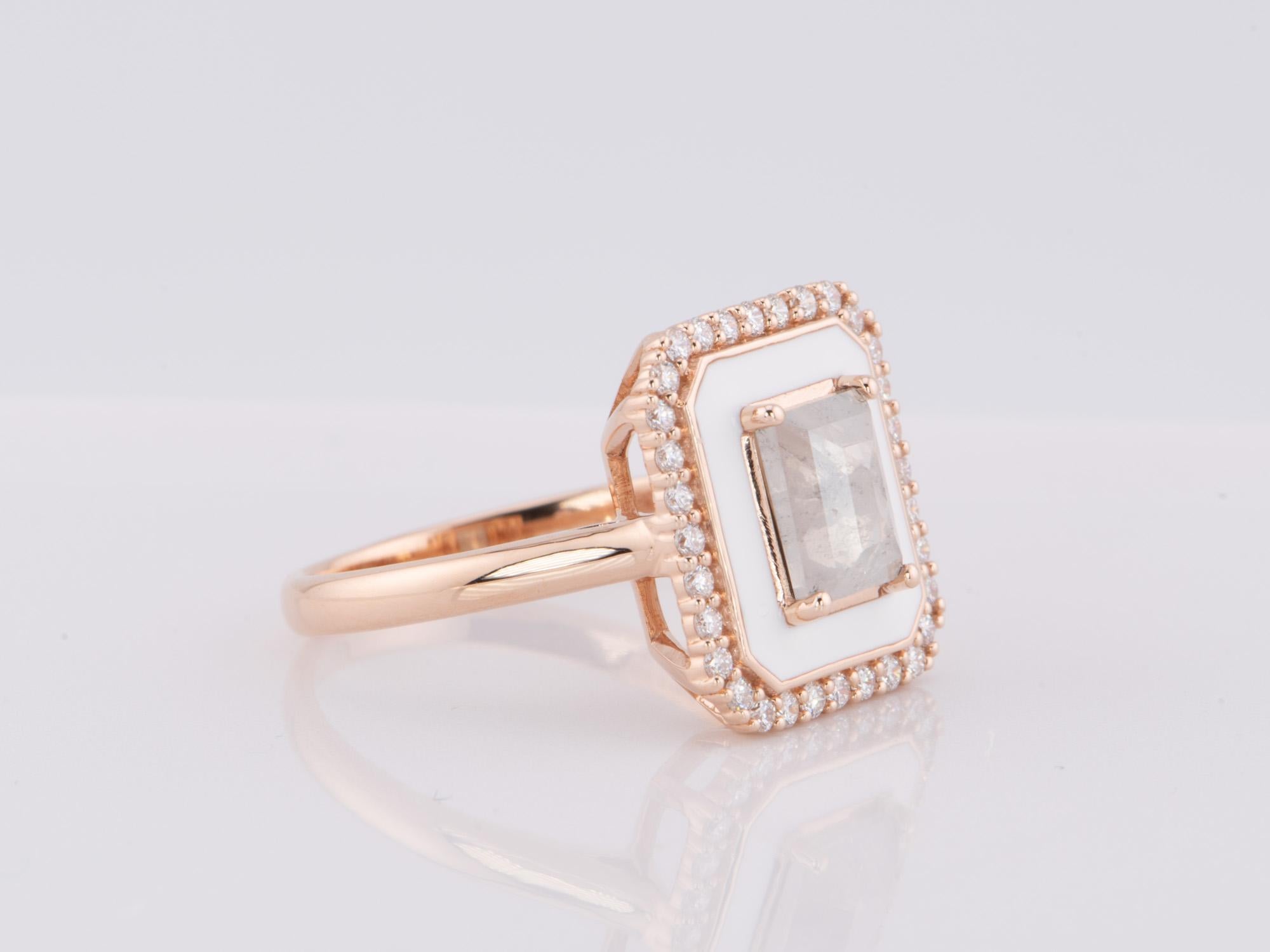 Rose Cut 1.01ct Icy Gray Diamond White Enamel Halo Engagement Ring 14K Rose Gold R6596 For Sale