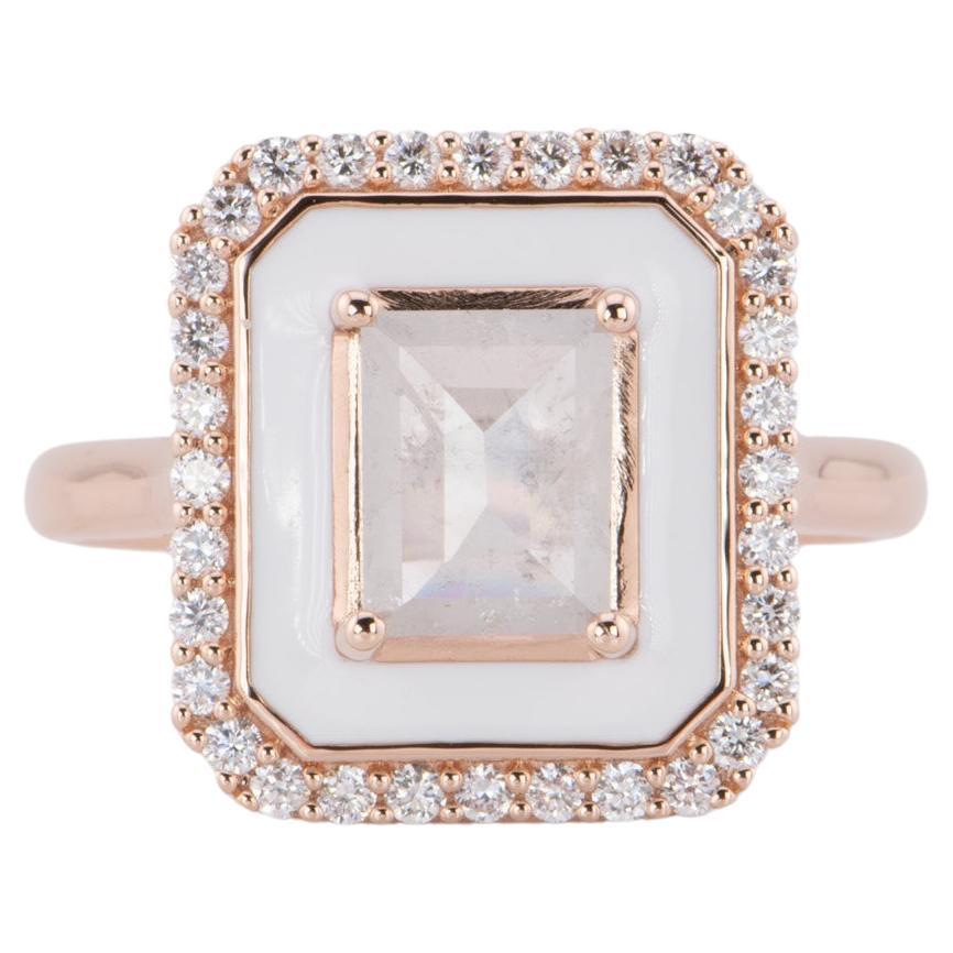 1.01ct Icy Gray Diamond White Enamel Halo Engagement Ring 14K Rose Gold R6596 For Sale