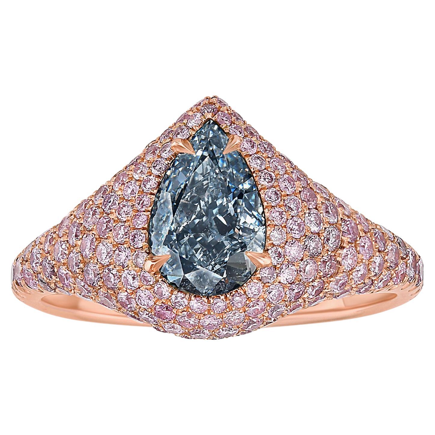 1 Carat GIA Light Blue Pear Shape Diamond Ring For Sale