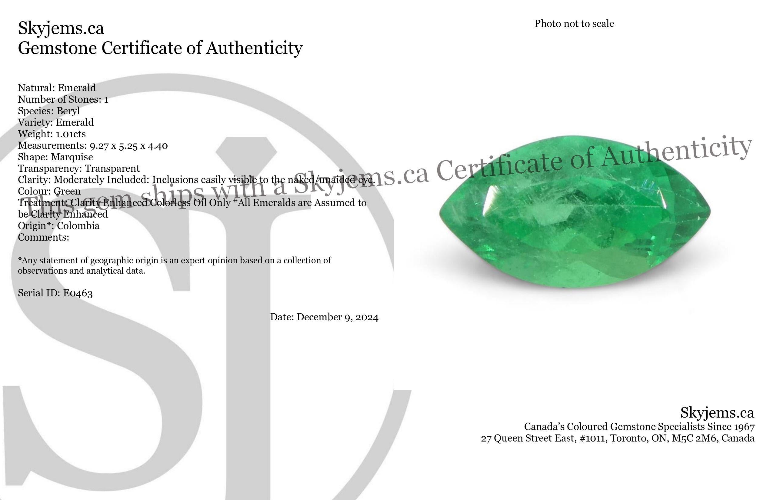 Description:

Gem Type: Emerald 
Number of Stones: 1
Weight: 1.01 cts
Measurements: 9.27 x 5.25 x 4.40 mm
Shape: Marquise
Cutting Style Crown: Brilliant Cut
Cutting Style Pavilion: Step Cut 
Transparency: Transparent
Clarity: Moderately Included: