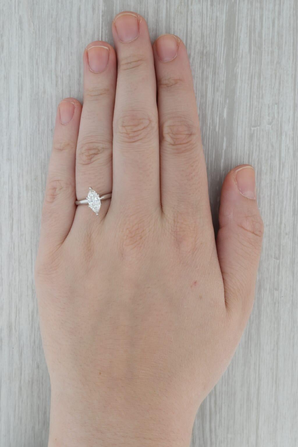 Gemstone Information:
- Natural Diamond -
Carats - 1.01ct (5.1 x 11 mm) 
Cut - Marquise Brilliant
Color - I
Clarity - I1 
Laser Engraved - GSI6542501412
This ring comes with a paper copy of the GSI report.

Metal: 14k White Gold
Weight: 2.7 Grams