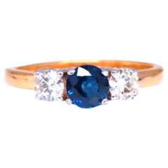 1.01ct Zafiro Azul Redondo Natural Anillo de Tres Piedras Oro de 14kt 12433