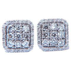 1.01ct. Natural Round Diamond Square Cluster Earrings 14 Karat Halo