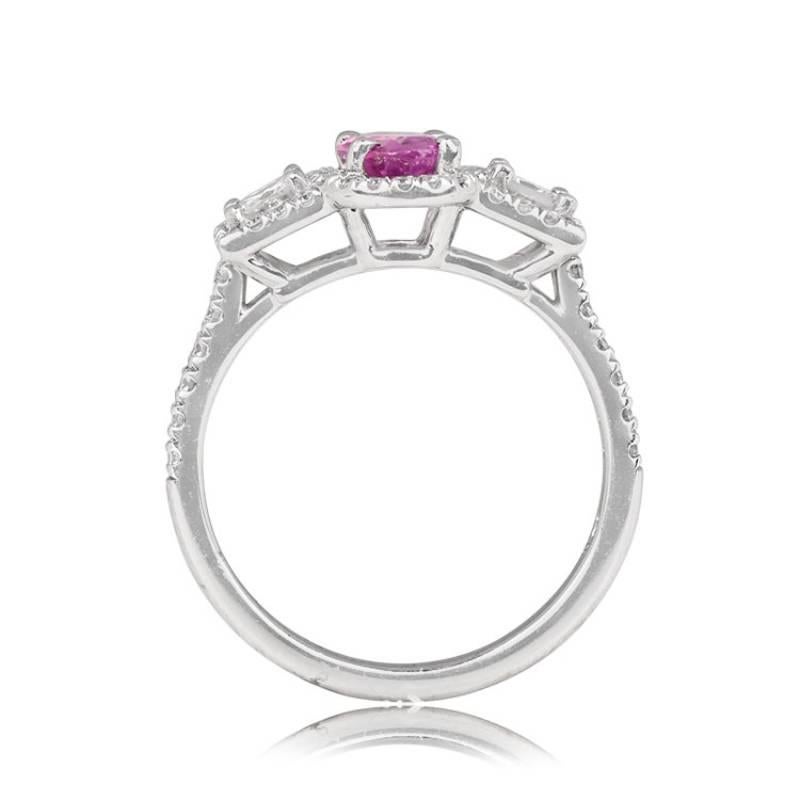 1.01ct Oval Cut Pink Sapphire Engagement Ring, Diamond Halo, 18k White Gold  In Excellent Condition For Sale In New York, NY