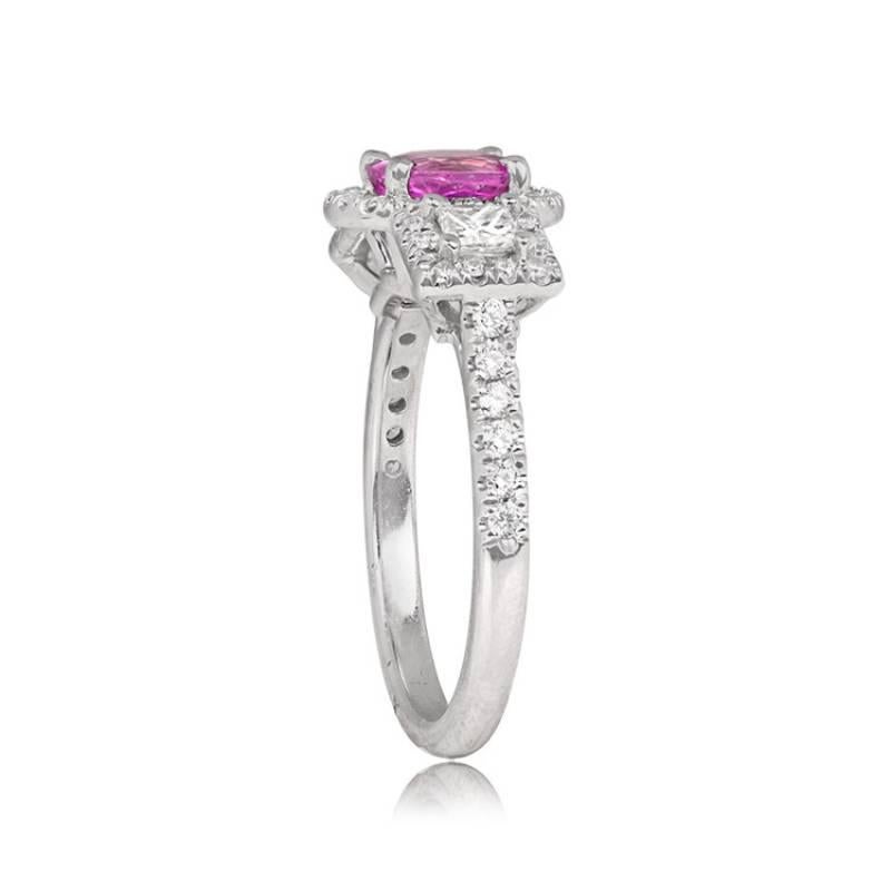 Art Deco 1.01ct Oval Cut Pink Sapphire Engagement Ring, Diamond Halo, 18k White Gold  For Sale