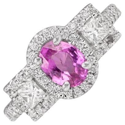 1.01ct Oval Cut Pink Sapphire Engagement Ring, Diamond Halo, 18k White Gold  For Sale