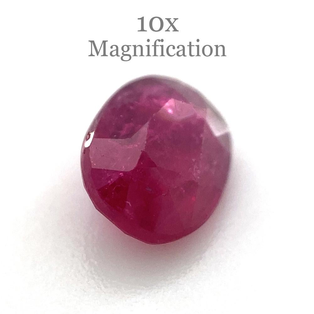 Description:

Gem Type: Ruby 
Number of Stones: 1
Weight: 1.01 cts
Measurements: 6.60x5.00x3.20 mm
Shape: Oval
Cutting Style Crown: Modified Brilliant Cut
Cutting Style Pavilion: Step Cut 
Transparency: Transparent
Clarity: Moderately Included: