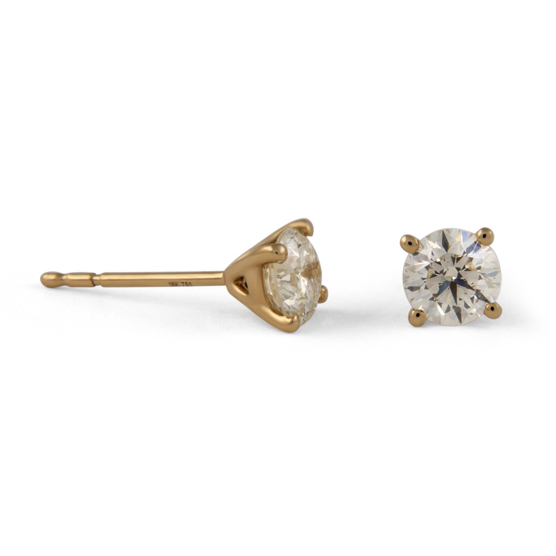 Contemporary 1.01ct Round Diamond Stud Earrings 18k Yellow Gold For Sale