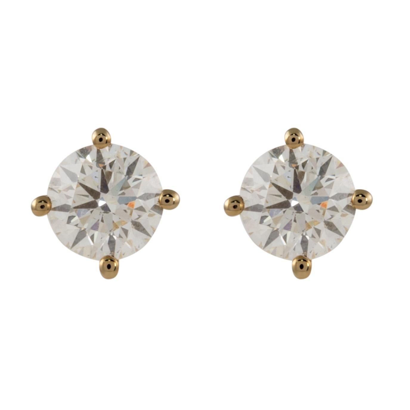Round Cut 1.01ct Round Diamond Stud Earrings 18k Yellow Gold For Sale