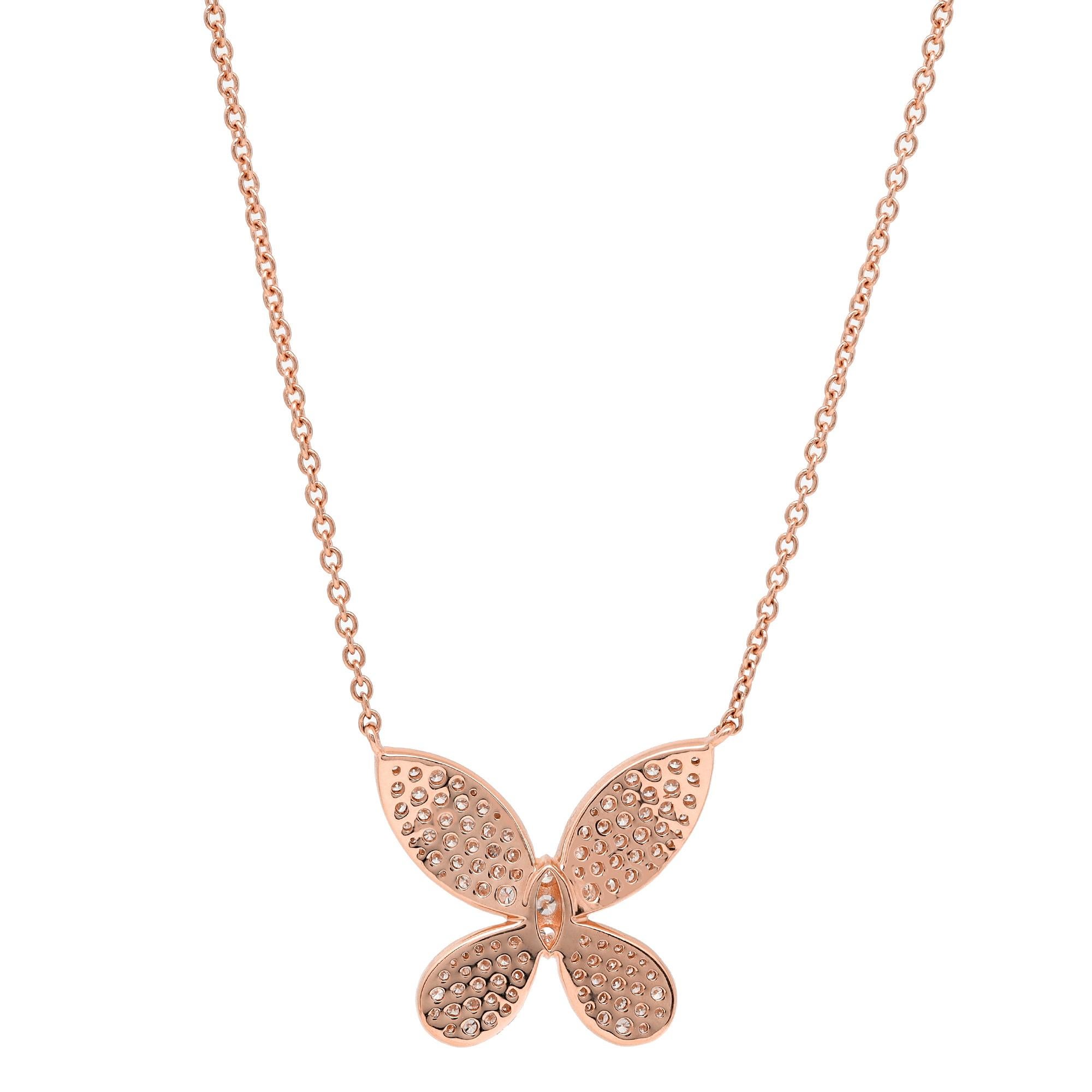Moderne Collier pendentif papillon en or rose 18K avec diamants ronds pavés de 1,01cttw en vente