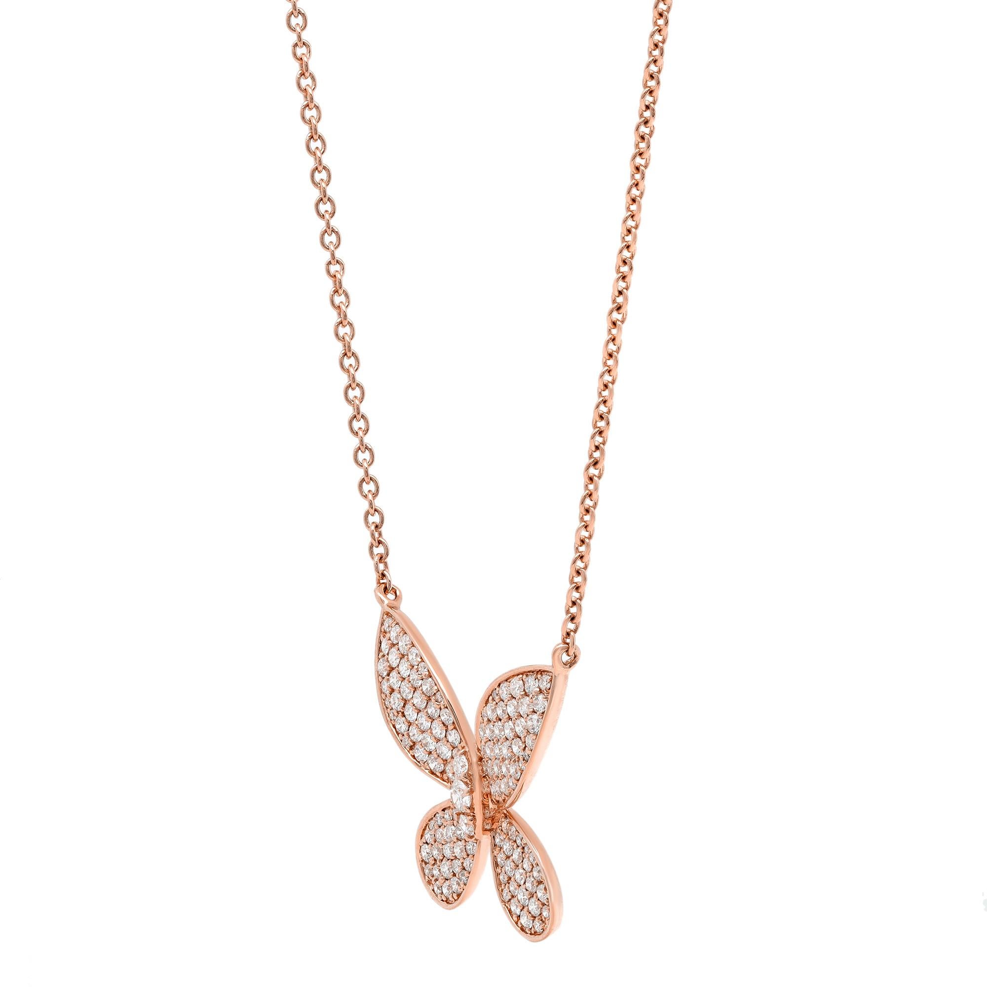 Modern 1.01cttw Pave Set Round Cut Diamond Butterfly Pendant Necklace 18K Rose Gold For Sale