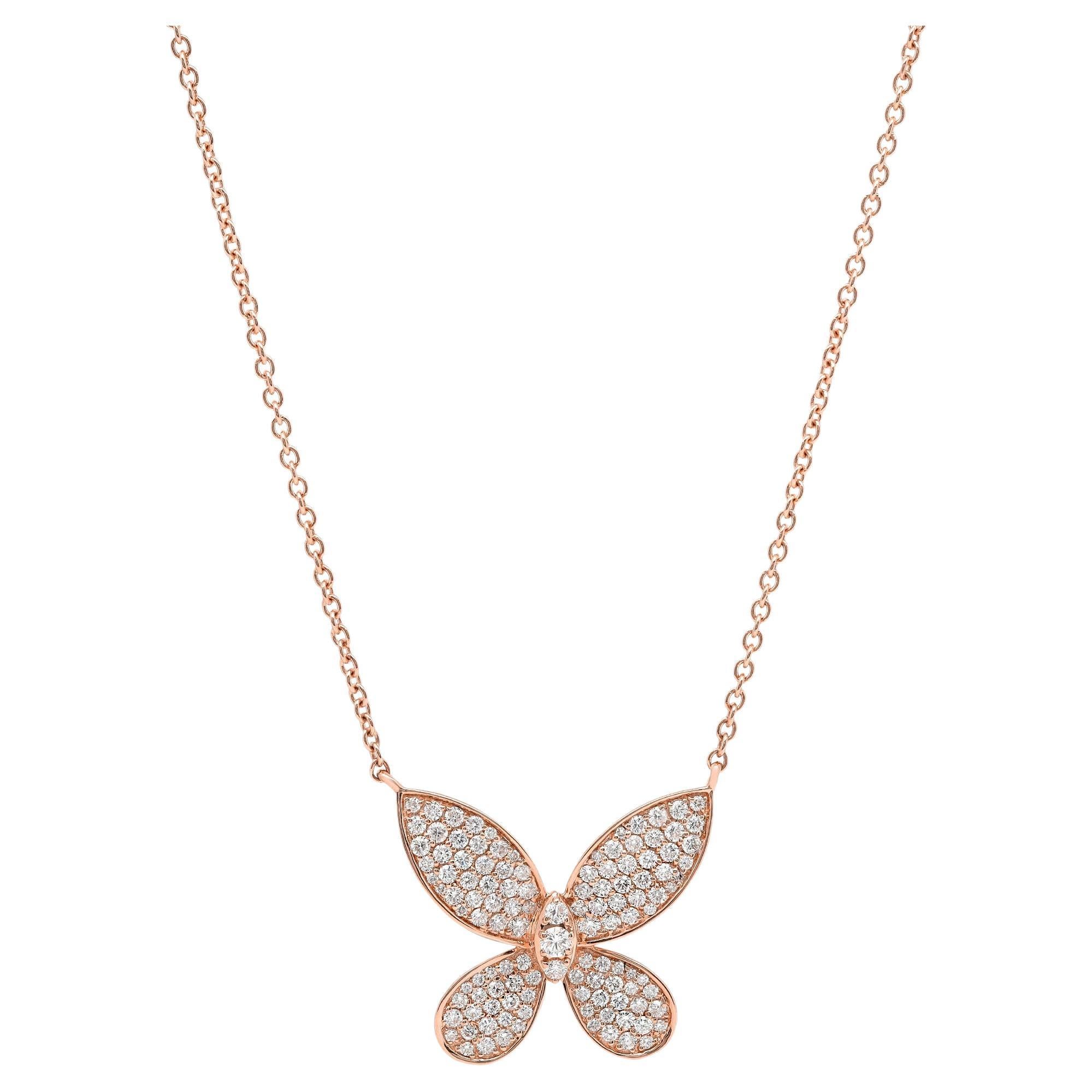 1.01cttw Pave Set Round Cut Diamond Butterfly Pendant Necklace 18K Rose Gold For Sale