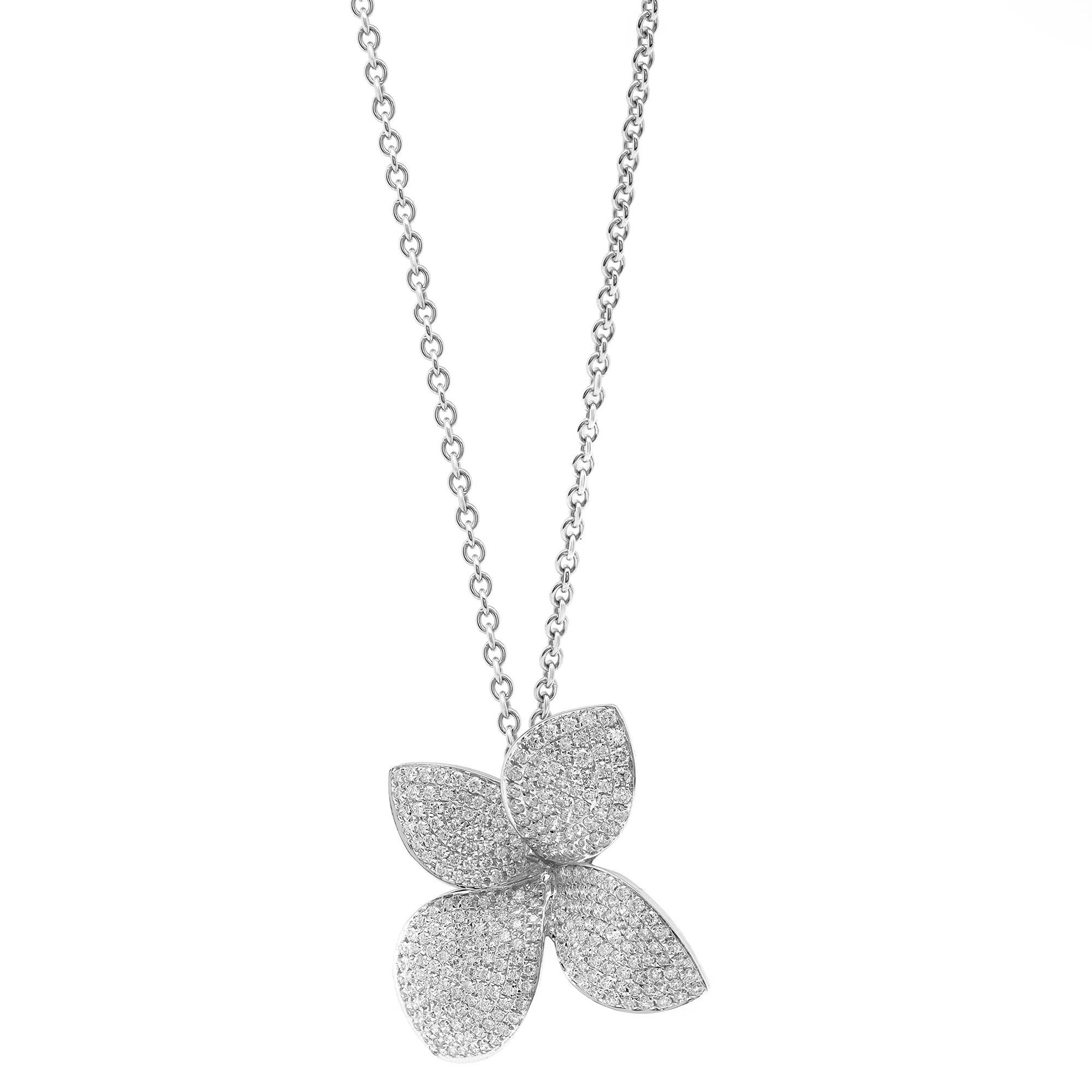 Modern 1.01Cttw Pave Set Round Cut Diamond Flower Pendant Necklace 18K White Gold For Sale