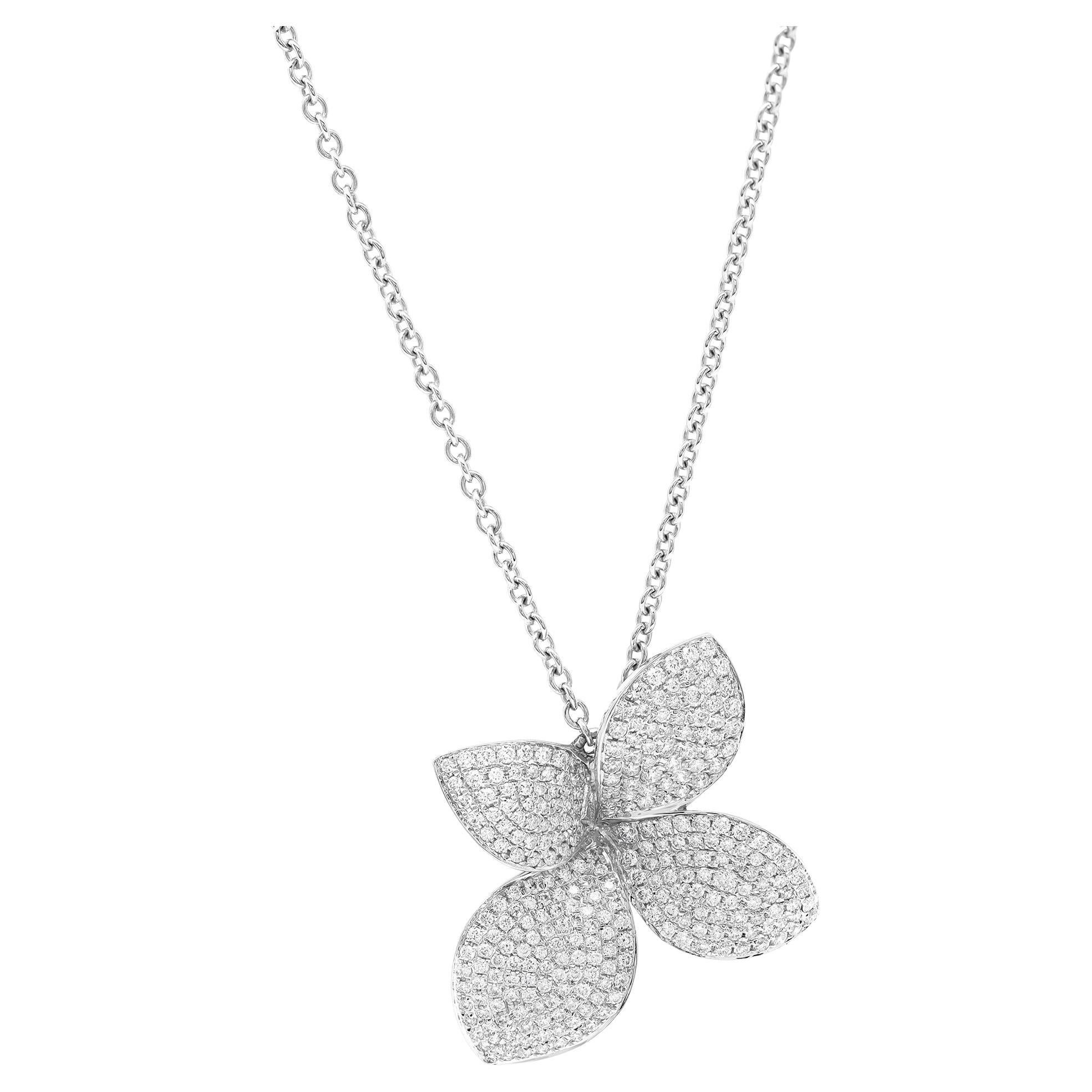 1.01Cttw Pave Set Round Cut Diamond Flower Pendant Necklace 18K White Gold