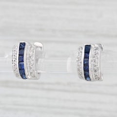 1.01ctw Blue Sapphire Diamond Huggie Hoop Earrings 18k Gold Hinged Snap Top
