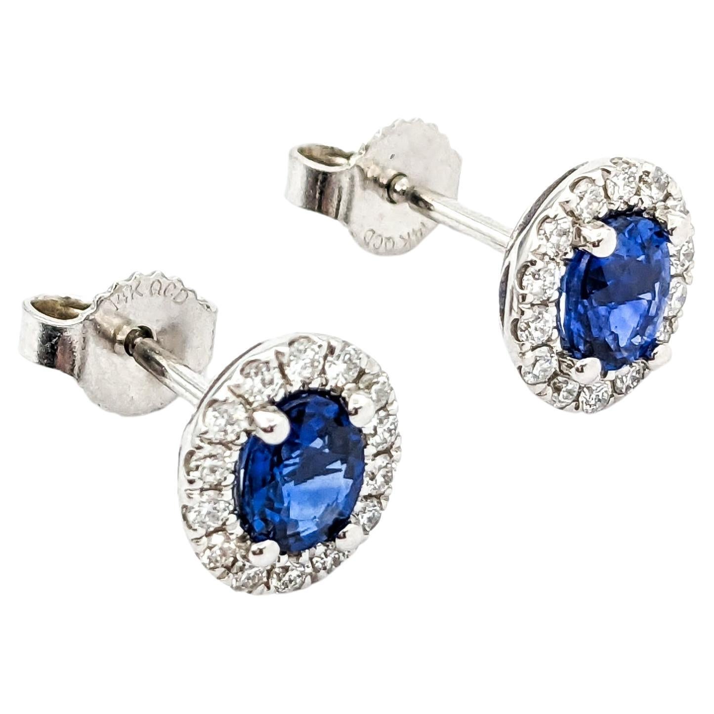 1.01ctw Blue Sapphire & Diamond Stud Earrings In white Gold For Sale