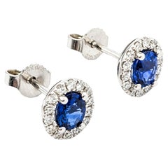 1.01ctw Blue Sapphire & Diamond Stud Earrings In white Gold
