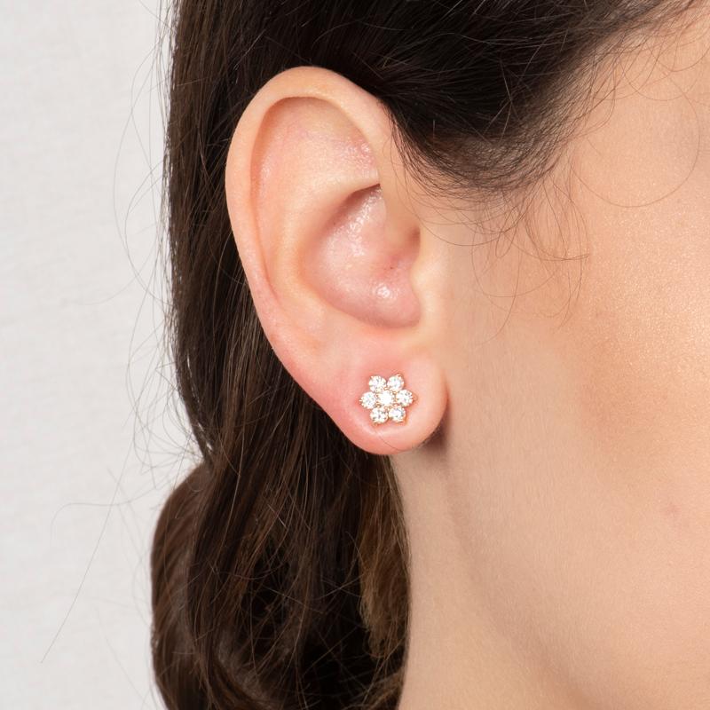 These dainty, girly 14kt rose gold flower cluster earrings have a 1.01ct total weight in fine round brilliant cut diamonds, approximately 9.50mm in diameter. The earrings include friction posts and backs. They are the perfect studs to add subtle