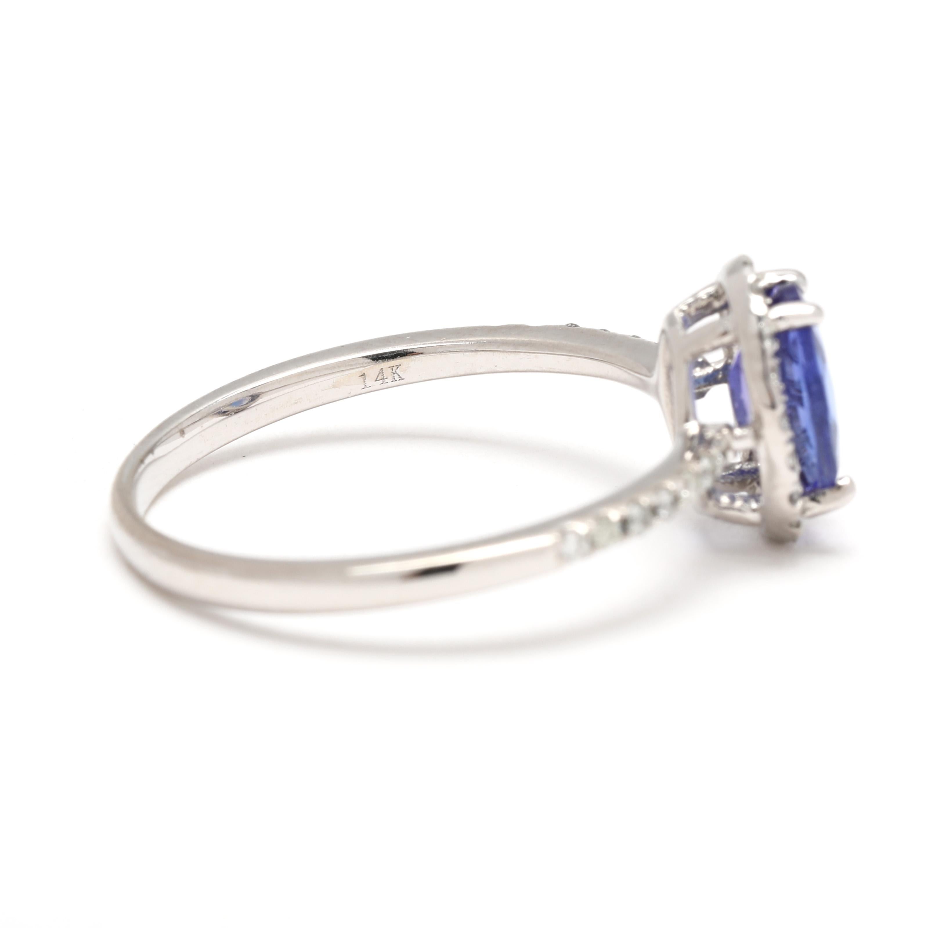 Femenino o masculino Anillo de compromiso con halo de tanzanita y diamantes de 1,01 ctw, oro blanco de 14k, talla 7 en venta