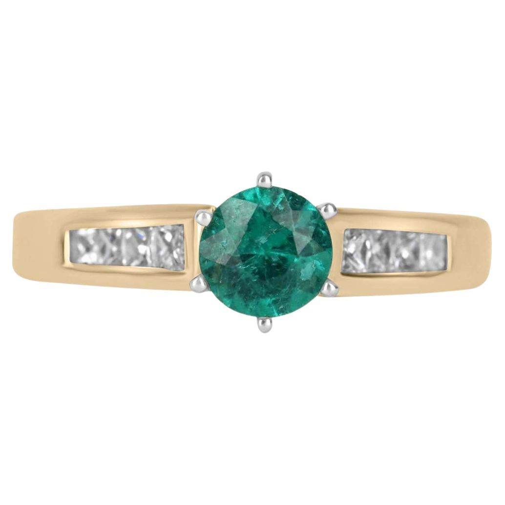 1.01tcw 18K Round Colombian Emerald & Princess Cut Diamond Accent Ring