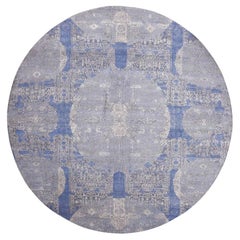 10
1"x10
1" Blue Wool and Silk Jewellery Design Hand Knotted Oriental Round Rug