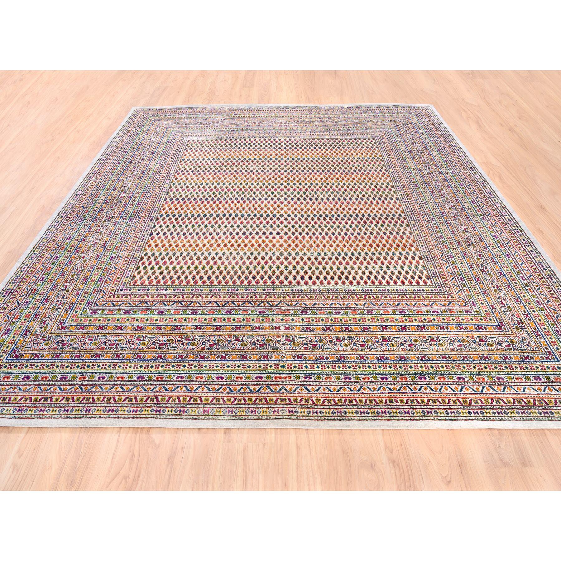 This is a truly genuine one-of-a-kind Colorful Wool And Sari Silk Sarouk Mir Inspired With Multiple Borders Hand Knotted Oriental Square Rug. It has been Knotted for months and months in the centuries-old Persian weaving craftsmanship