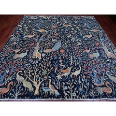 10'1"x10'1" Denim Blue Hand Knotted Afghan Peshawar Birds Design Wool Square Rug