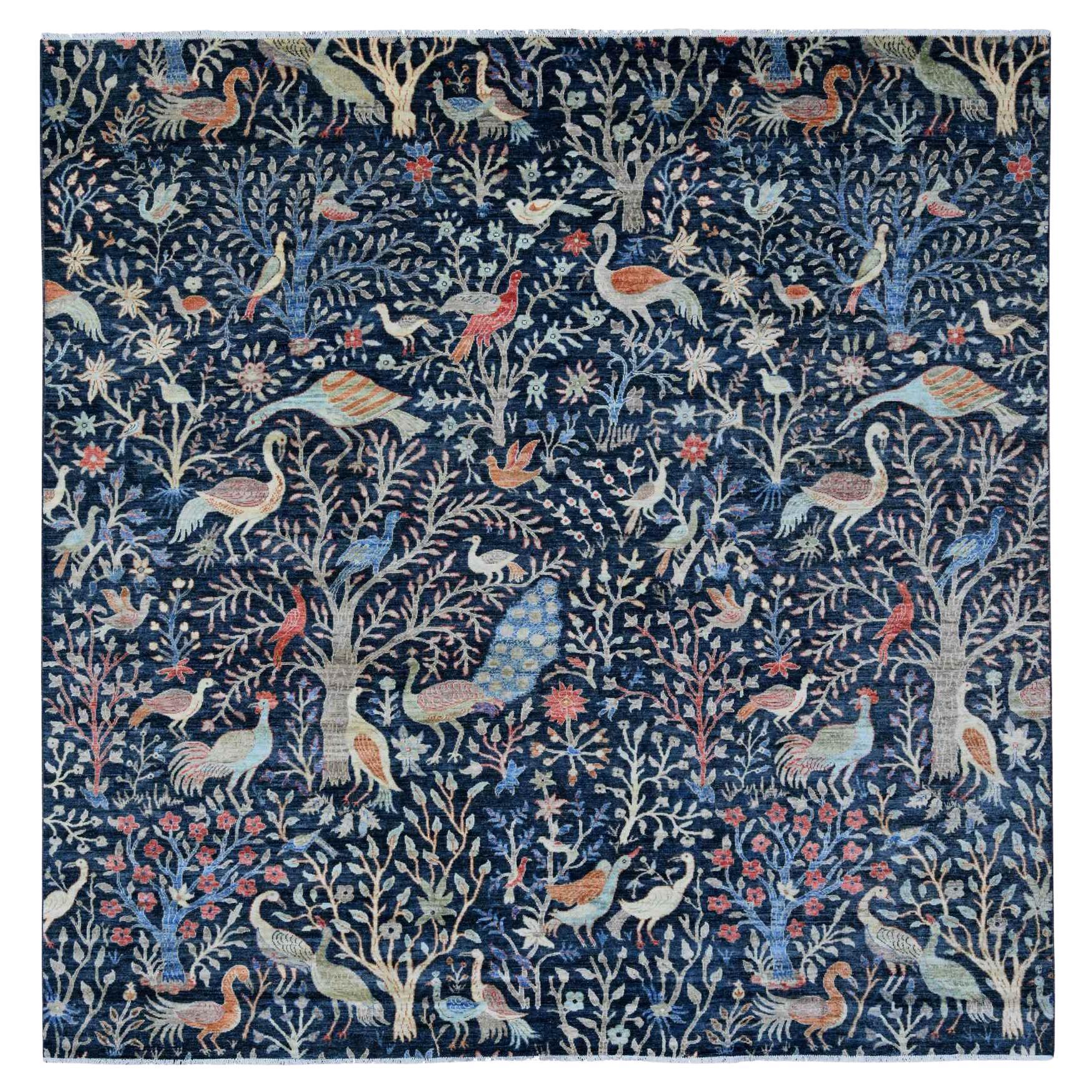 10
1 "x10
1" Denim Blue Hand Knotted Afghan Peshawar Vögel Design Wolle Quadrat Teppich