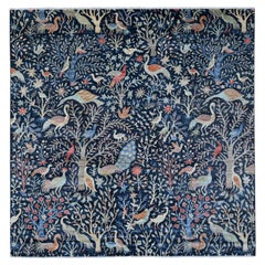 10
1 "x10
1" Denim Blue Hand Knotted Afghan Peshawar Vögel Design Wolle Quadrat Teppich