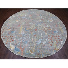 10'1"x10'1" Gray Peshawar Birds of Paradise Design Hand Knotted All Wool Round